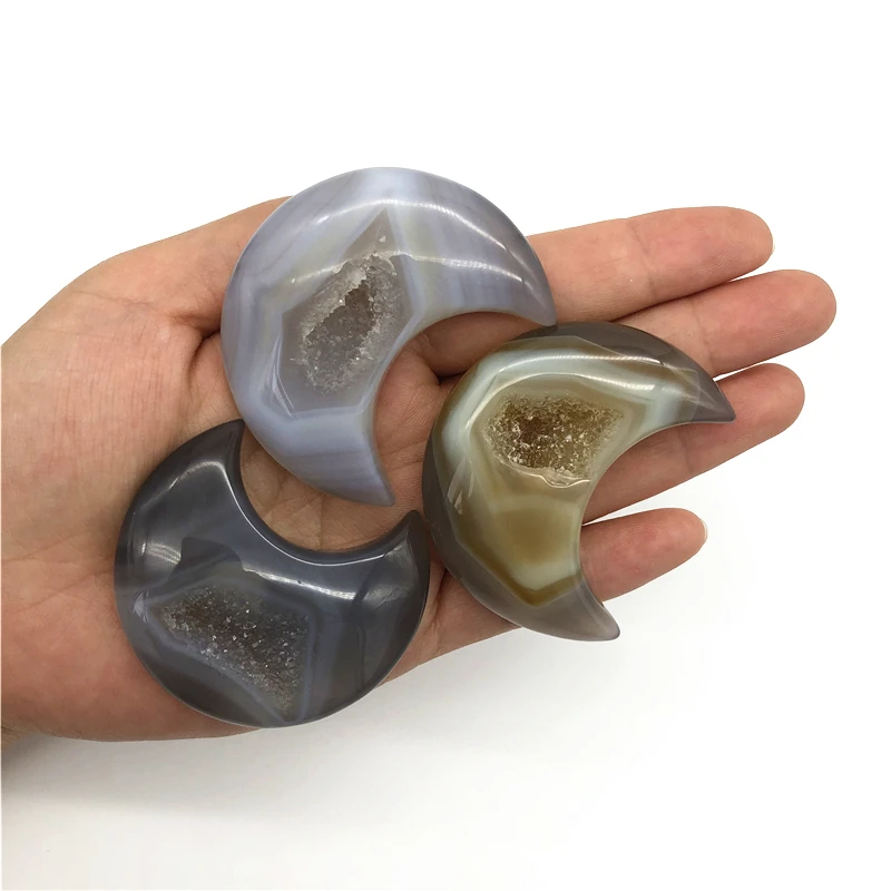 

1pc Natural Agate Geode Moon Shaped Crystal Cluster Half Moon Agate Geode Carved Crystal Stones Reiki Natural Quartz Crystals