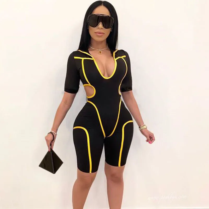 

Hooded Fitness Playsuit Romper Women V-neck Patchwork Striped Skinny Bodysuit Female Elastic Hollow Out Jumpsuits Shorts Summer