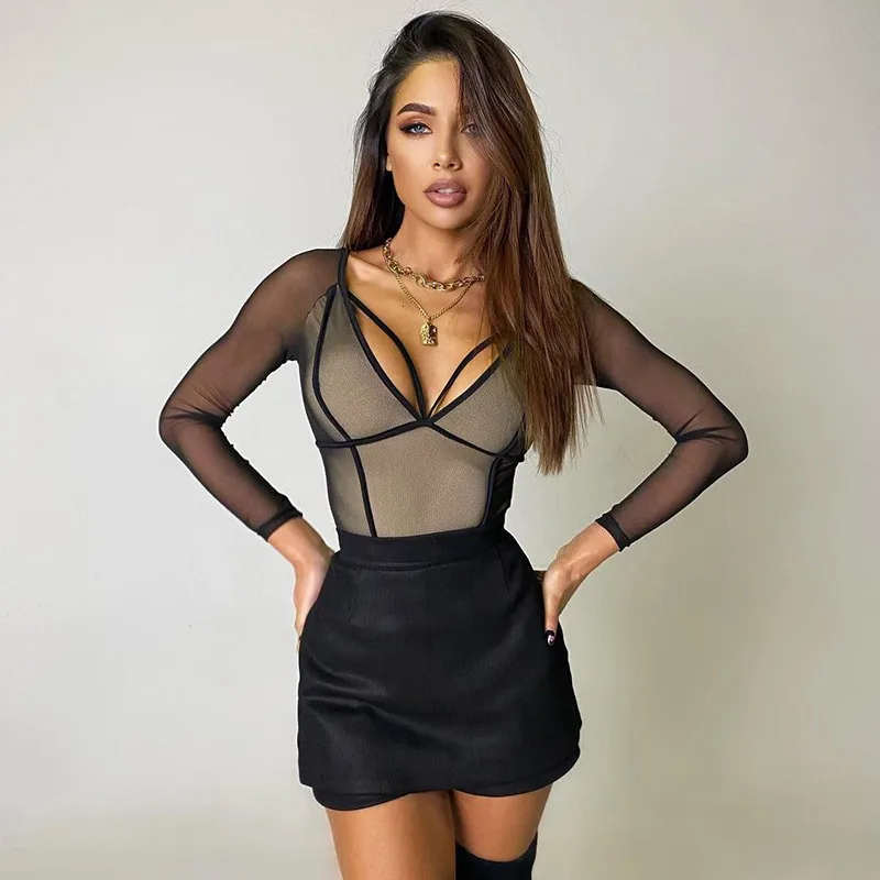 

2021 Sexy Mesh Overalls For Women Long Sleeve Skinny Bodysuits Rompers Female Jumpsuits Spring See Through Casual Bodies Ladies