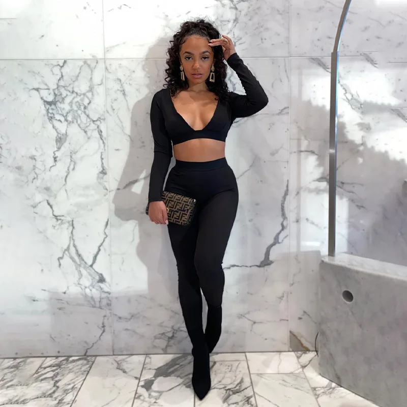 

Imcute Women Sport Two Piece Set Spring Streetwear Long Sleeve Crop Top+High Waist Leggings Matching Set Sexy 2 Piece Outfits