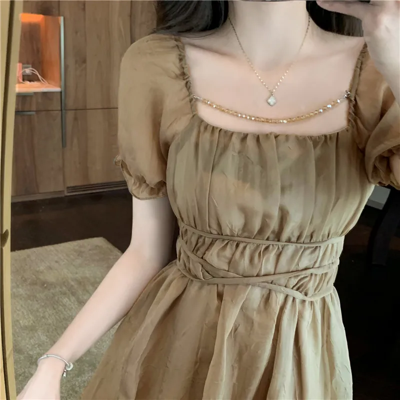 

COIGARSAM Cute Women Long dress New Summer Puff Sleeve Square Collar High Waist Dresses Dark Green 1811