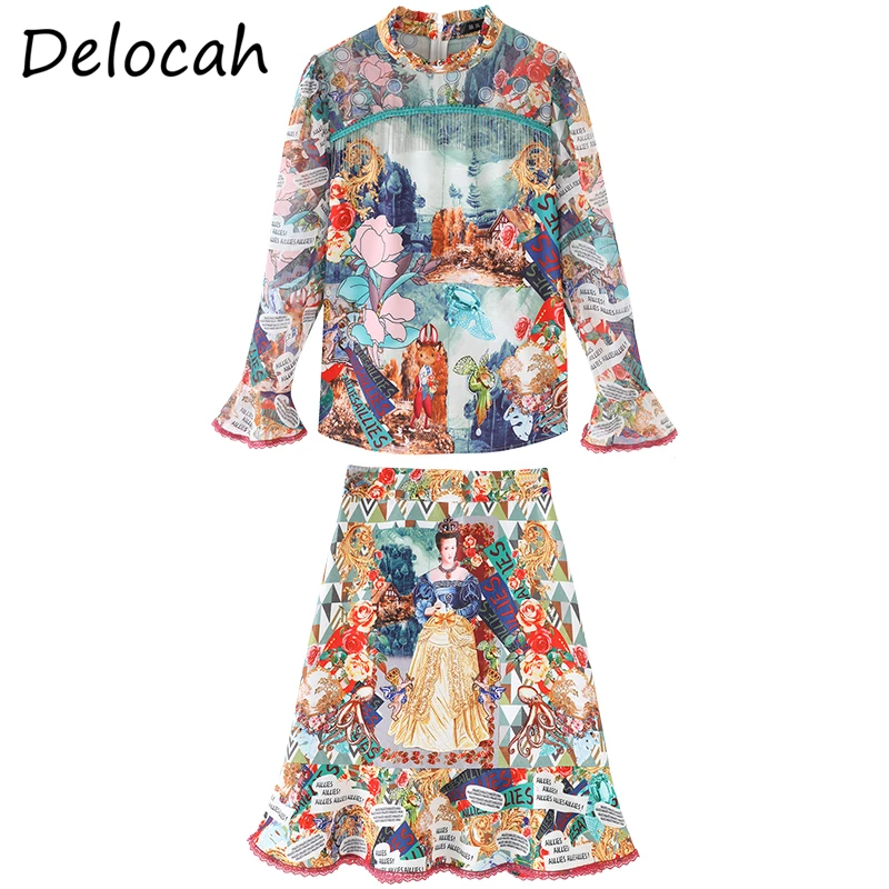 

Delocah Women Summer Fashion DesignerSkirts Set Flare Sleeve Loose Tops + Ruffles Printed Midi Skirts 2 TwoPiecesSuits 2021