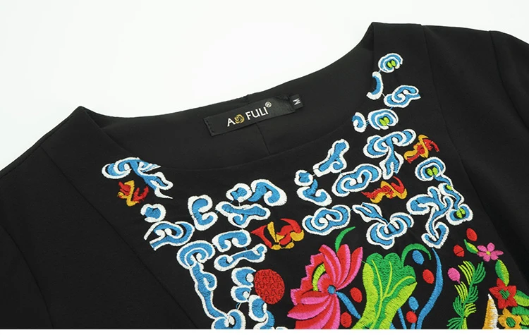 L~ 4XL 5XL китайское Ретро цветочное Вышитое Платье женское плюс размер осеннее яркое с коротким рукавом тонкое платье AOFULI A4088