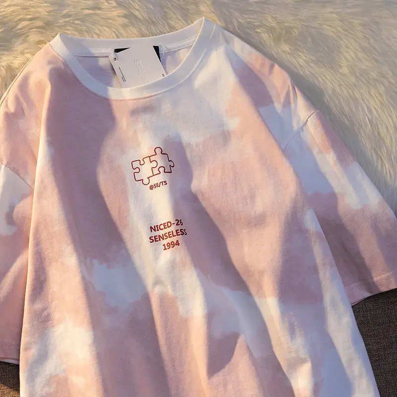 Loose Retro Tie-Dye Harajuku Style Kawaii Bear Full Print Letter Graffiti Ins Half-Sleeved Oversized T-Shirt Fashion Top Women