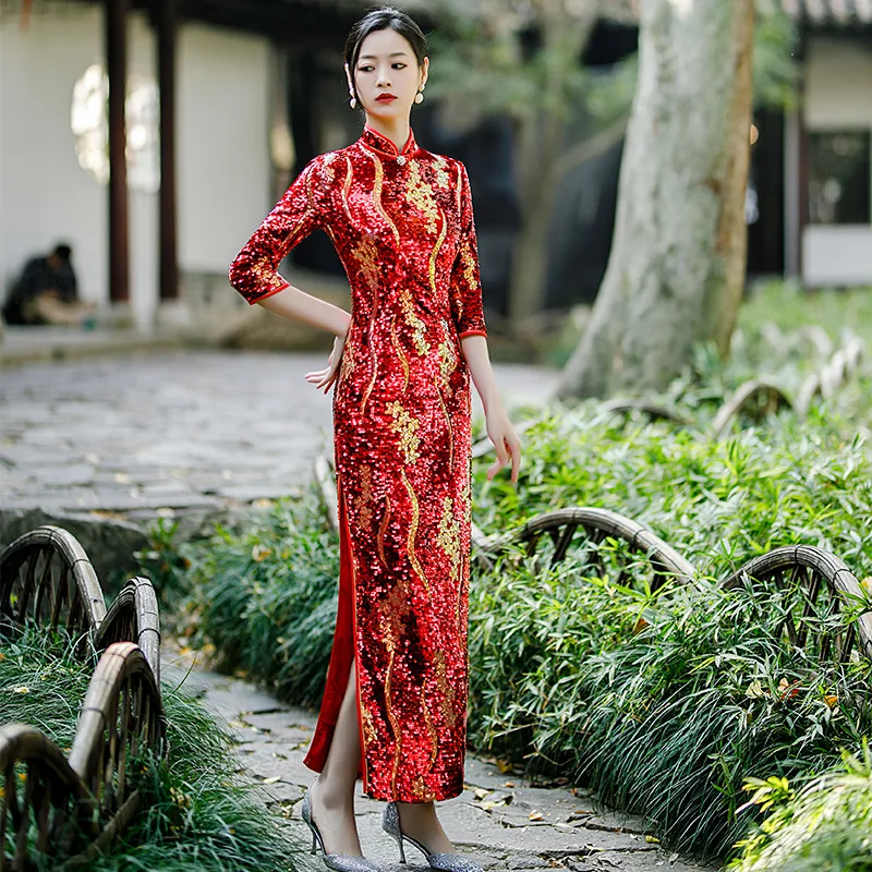 

Элегантное женское платье-Ципао с блестками, пикантное классическое китайское платье-Ципао с воротником-стойкой, бархатное вечернее празд...