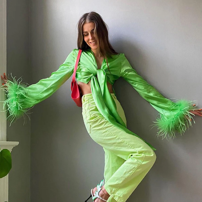 

Patchwork Satin Women Bandage Shirt Blouse Tops 2021 Y2K Sexy V Neck Club Skinny Mini Crop Tops Outwear