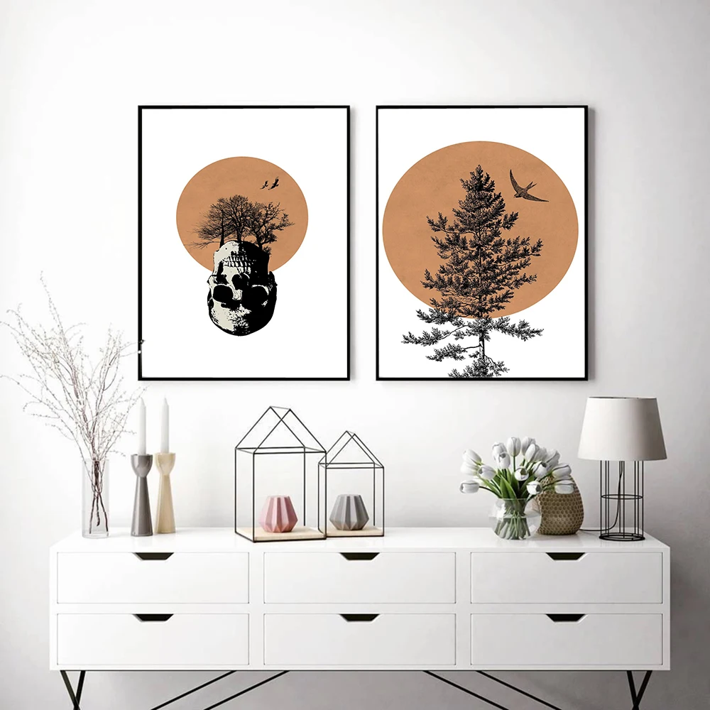 

Abstract Boho Earthy Poster Skull Trees Canvas Painting Sun Silhouette Art Print Norbic Wall Picture For Living Room Home Decor
