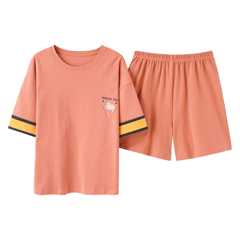 

Ladies Cotton Round Neck Short-sleeved Home Wear Couple Set Men's Cotton Cute Coconut Simple Letters Color Matching Sleepwear