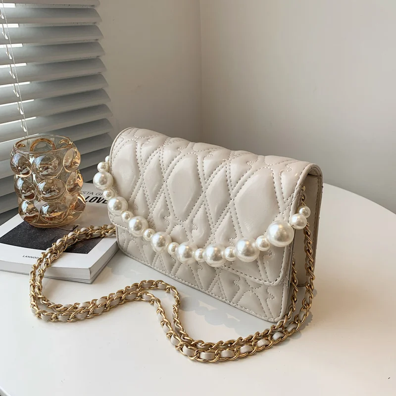 

2021 Pu Leather Lattice Crossbody Bags For Women Designer Small Bags Shoulder Messenger Bag Mini Purses With Pearl Handle