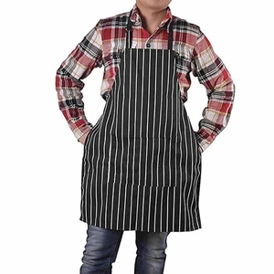 Retro Men Adjustable Half-length Adult Black Stripe Bib Apron With 2 Pockets Chef Waiter Apron For Hotel Restaurant Kitchen Cook