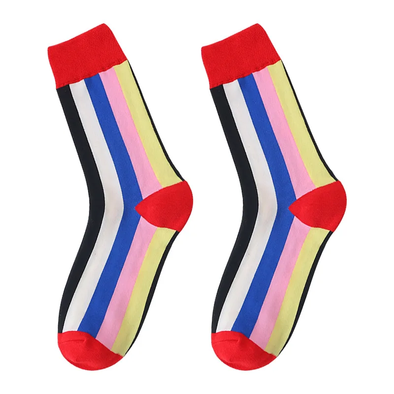 

Spring and Autumn Creative Couple Tide Socks Pure Cotton Breathable Stitching Rainbow Vertical Stripes In Tube Ladies Socks