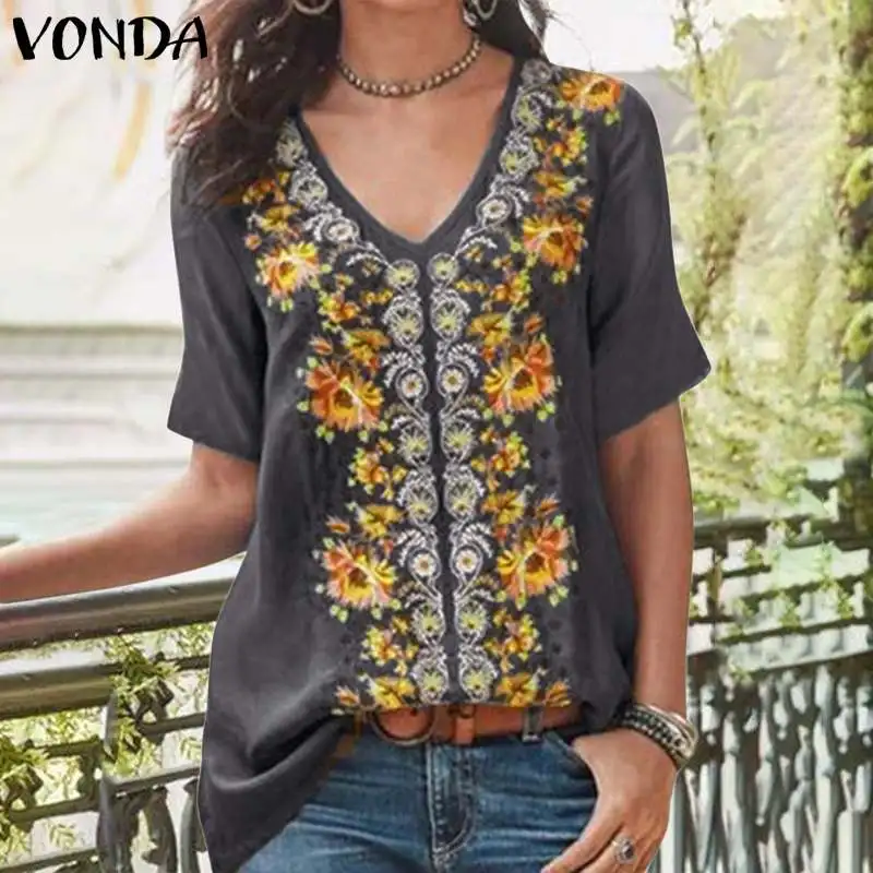 Женская блузка с коротким рукавом VONDA свободная винтажная пляжная большого