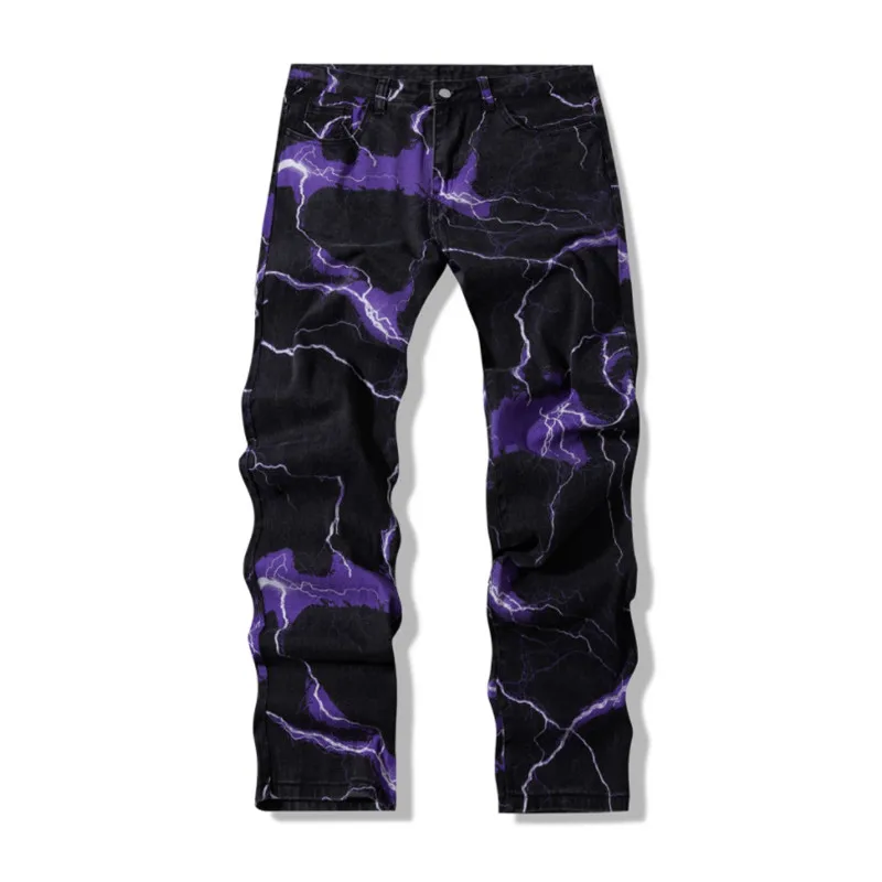 2021 Vibe Style Lightning Print Tie Dye Men Straight Y2K Jeans Trousers Hip Hop Vintage Harajuku Women Denim Pants Ropa Hombre