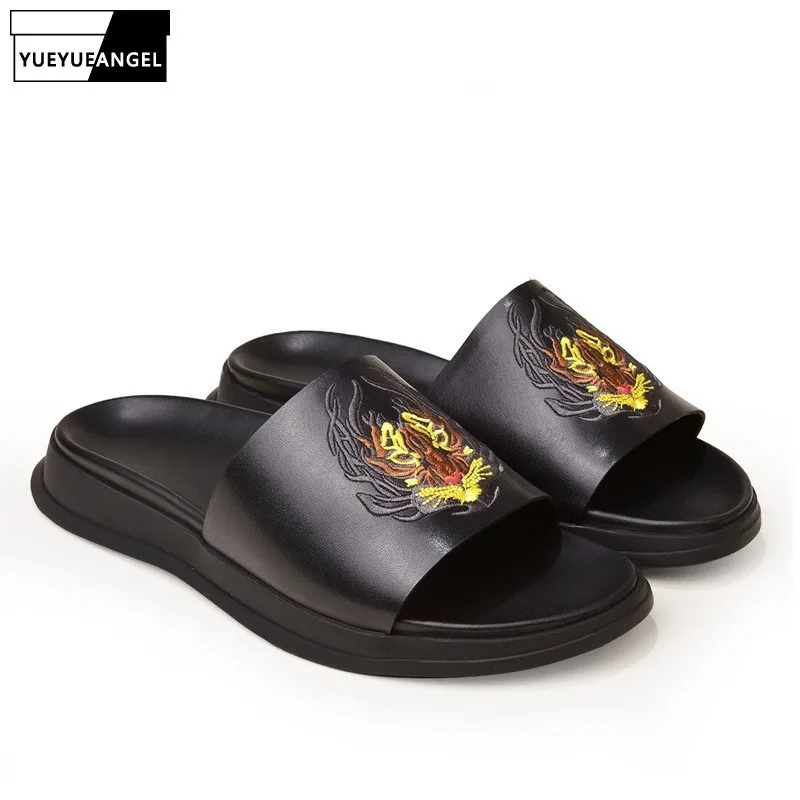

2019 Summer New Men Slippers Fashion Embroidery Genuine Leather Beach Shoes Sandals Black Outdoor Leather Sandals High Quality
