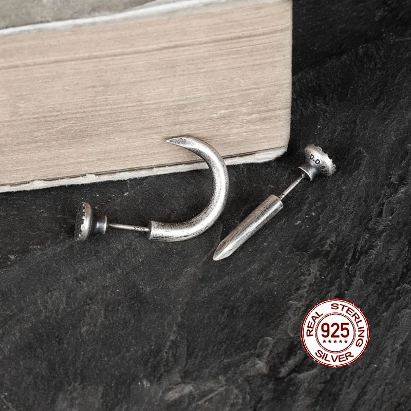 HelloLook Bent and Straight Nails Design Earring 925 Sterling Silver Stud Earrings Punk Unisex Ear Piercing Jewelry | Украшения и