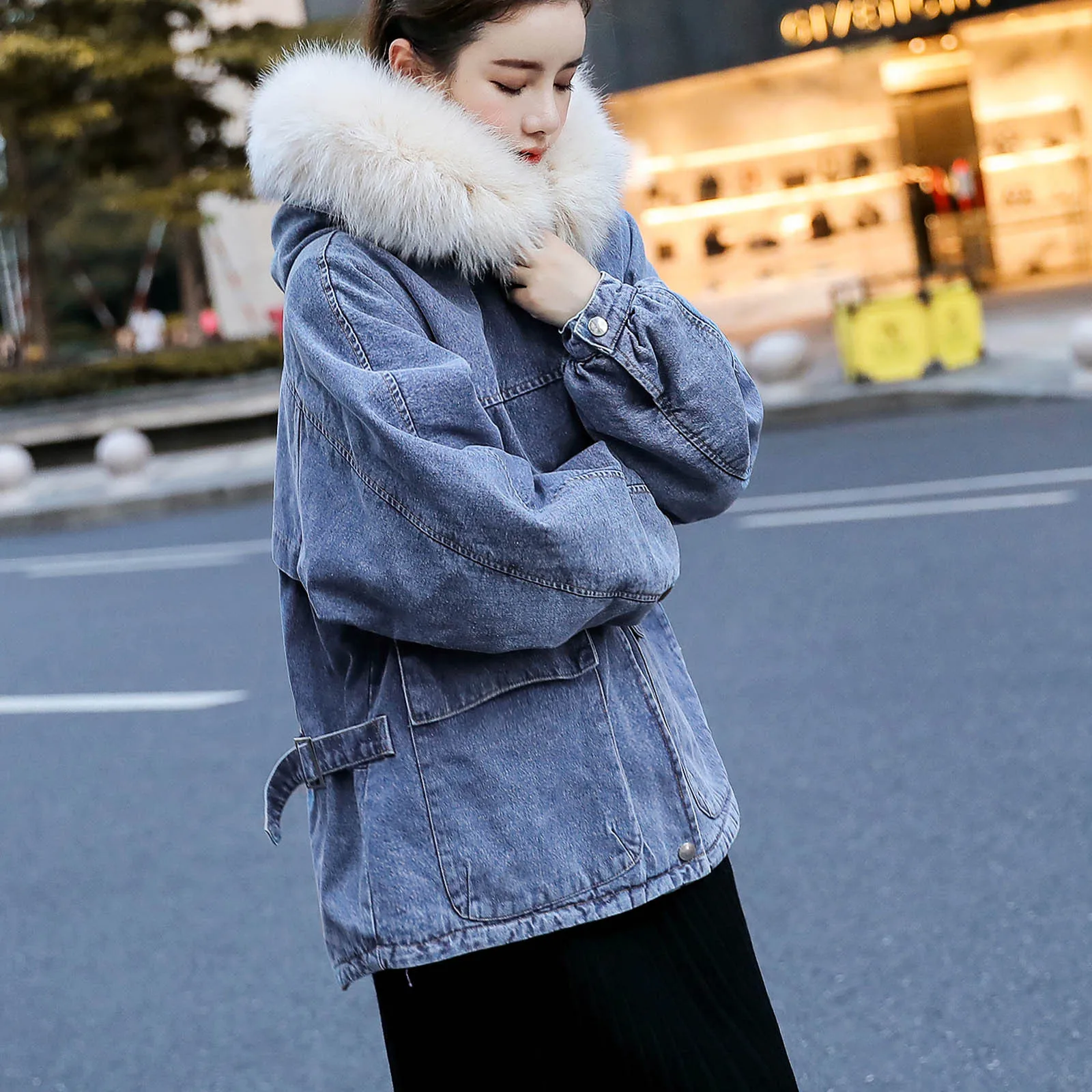 Зимнее теплое женское джинсовое пальто флисовая плюшевая джинсовая куртка