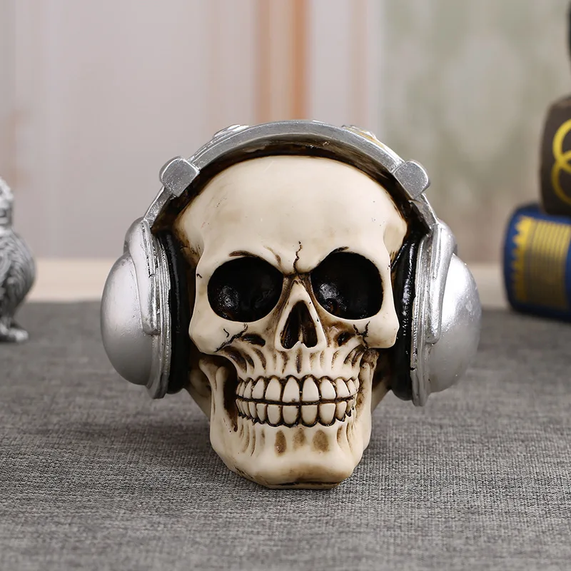 

Skull with Headset Sound Activated Rock n Rool DJ Studio Music Skull Horror Collectible Figurine Statue Halloween Decoration