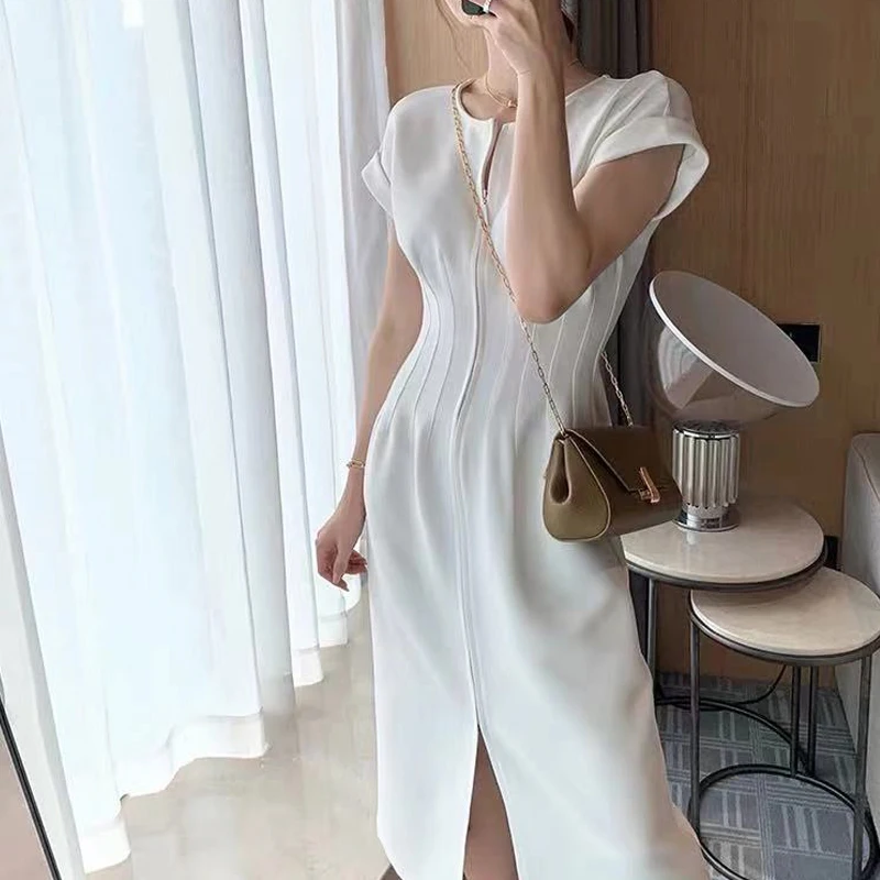 

Office Lady Elegant Midi Dress Women Square Collar Solid Slim Short Sleeve Dress Female Design One Piece Dess Korean 2021 Summer