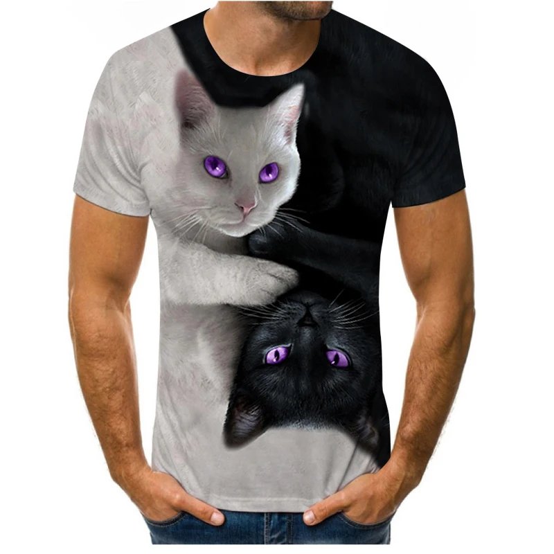 

Black and white cat cute personality fashion oversized T-shirt summer men's and women's T-shirt O-neck short-sleeved 3D printing