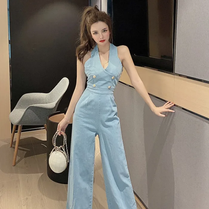 Женский джинсовый комбинезон с высокой талией свободные прямые брюки широкими