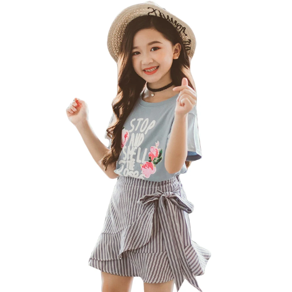 Комплект летней одежды для девочек рубашка с цветочным принтом + Полосатая юбка