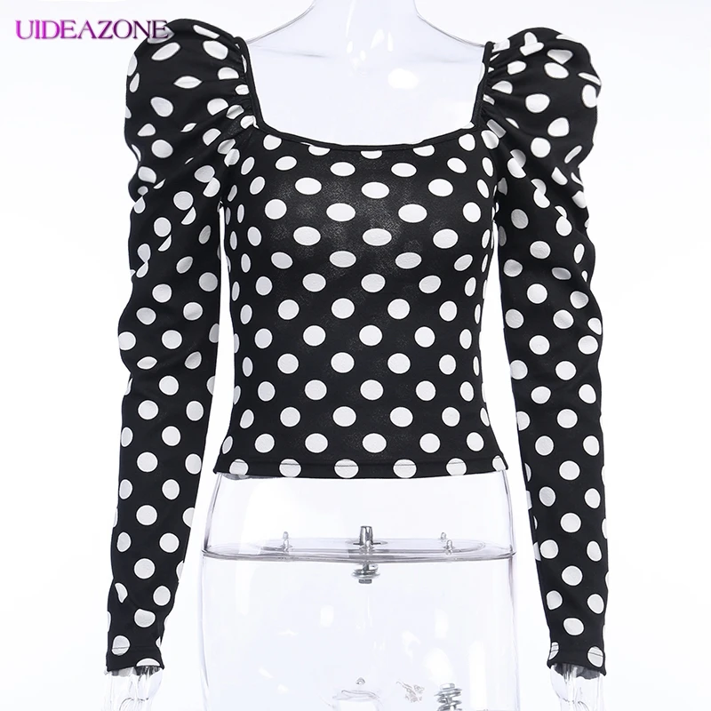 Женские блузки в белый горошек с воротником Suqare облегающие рубашки длинными