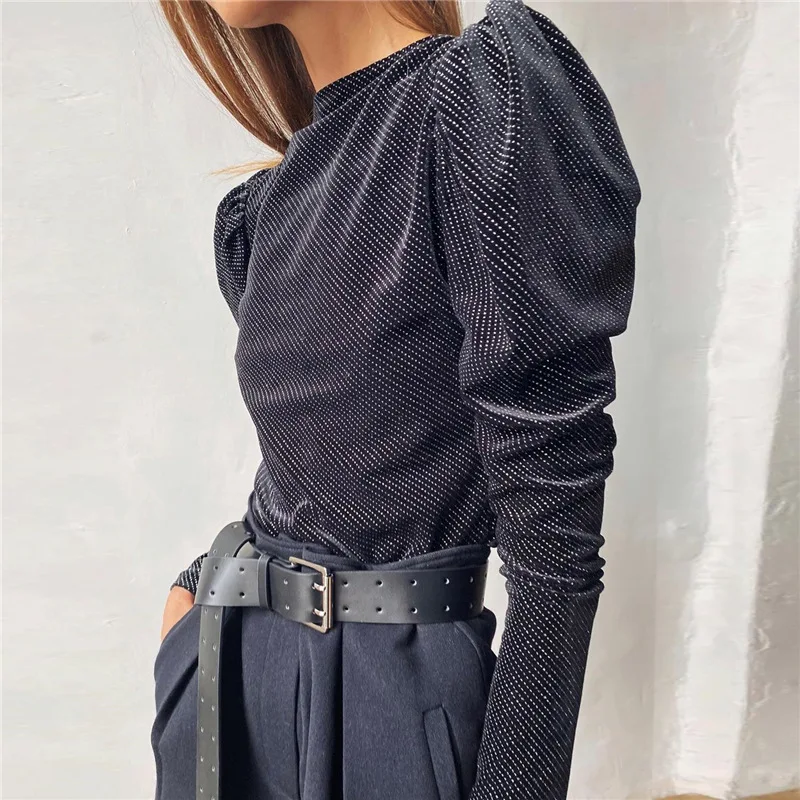 Осенний Блестящий бархатный боди в горошек с пышными рукавами женский длинным