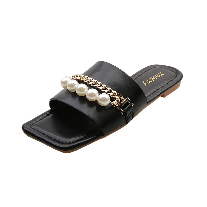 

Flat Shoes Female Slippers Casual Square Toe String Bead Slipers Women Low Slides Luxury Soft 2021 Beach Basic Rubber PU