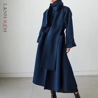 lanmrem 2021 winter new bandage wool long coat for women korean style loose solid color female fashion streetwear coats 2c2421