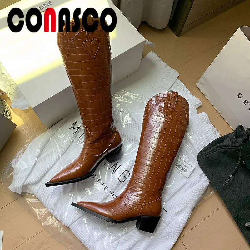 

Женские сапоги до колена CONASCO 2021, осенне-зимние теплые сапоги из коровьей кожи с острым носком, элегантные женские сапоги без застежек