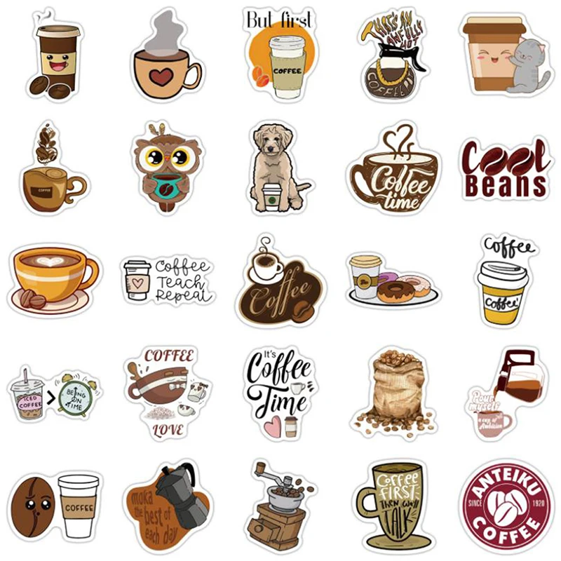 

50Pcs Cartoon Coffee Graffiti Stickers For Notebook Luggage Guitar PVC Sticker