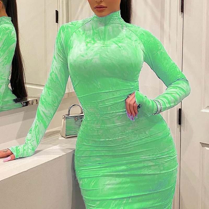 

Women's Turtleneck long Sleeve fashion Spandex Stretchy Fitted Bodycon Sexy Club Tie Dye Printing Plus Size Dress 2021