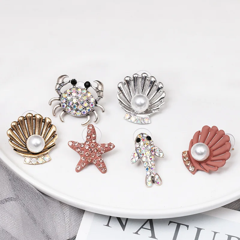 2019 Vintage Cute Ocean Small Stud Earrings Alloy Pearl Shell Starfish Crab Fish Asymmetric for Women Fashion Jewelry | Украшения и