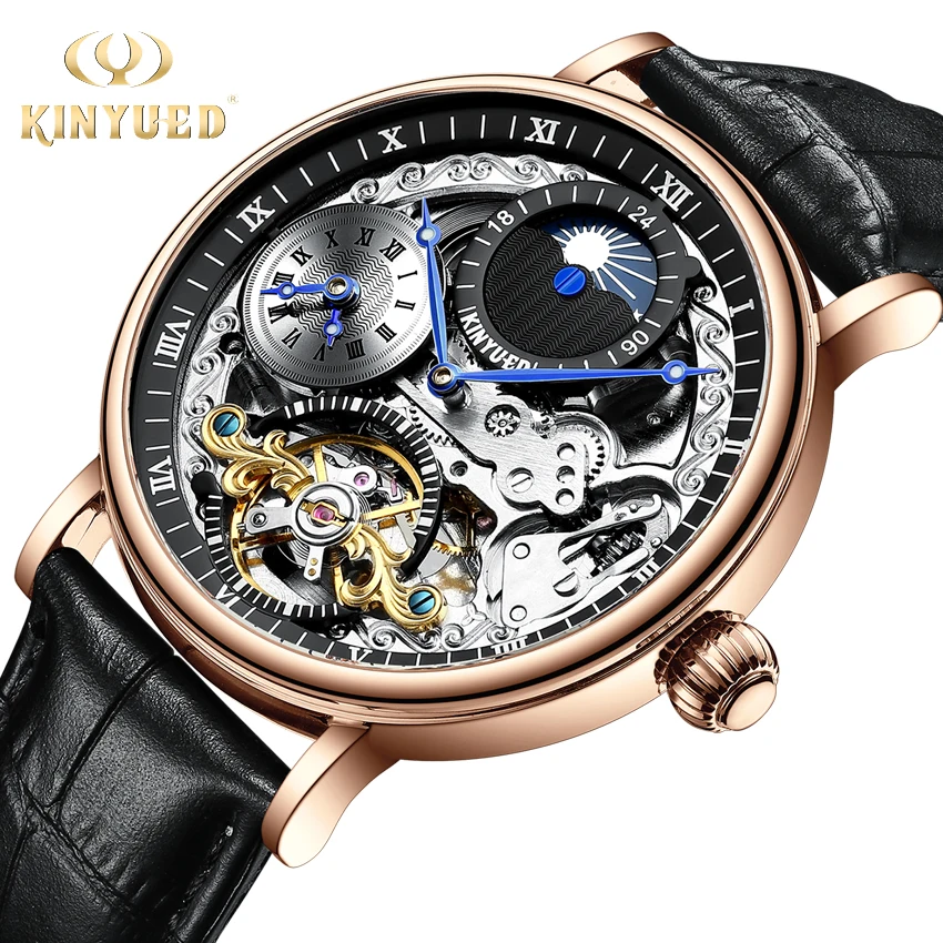 

Multiple Time Zone Watch Automatic Mens Mechanical KINYUED Watches Moon Phase Wrist Watch Man Luxury Brand Relogio Masculino