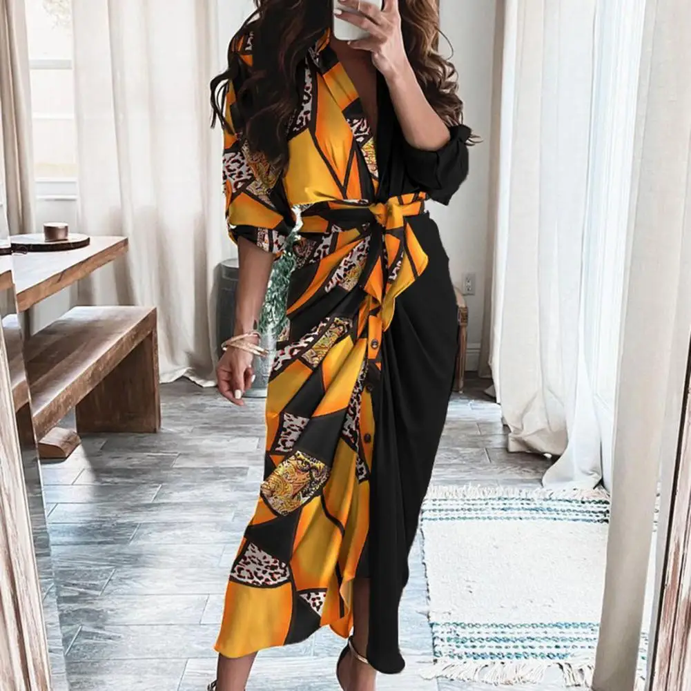 

Женский офисный сарафан, длинное Плиссированное Платье-рубашка с принтом, повседневное праздвечерние чное платье с отложным воротником и д...