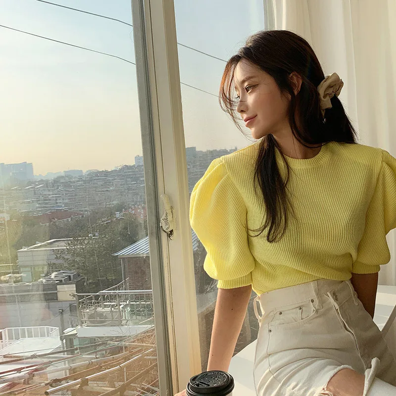 South Korea Dongdaemun Women's 2020 Spring New Sweet Slim Lady Puff Sleeve Half-Sleeve Shirt T-shirt MS