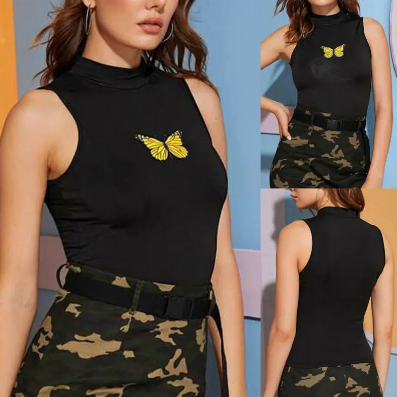 Модная женская черная блузка с лямкой на шее майка рисунком бабочка без рукавов