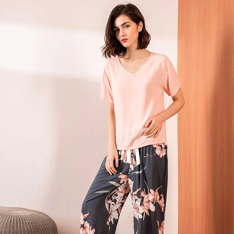 Женский пижамный комплект с цветочным принтом розовый хлопковый сатиновый v