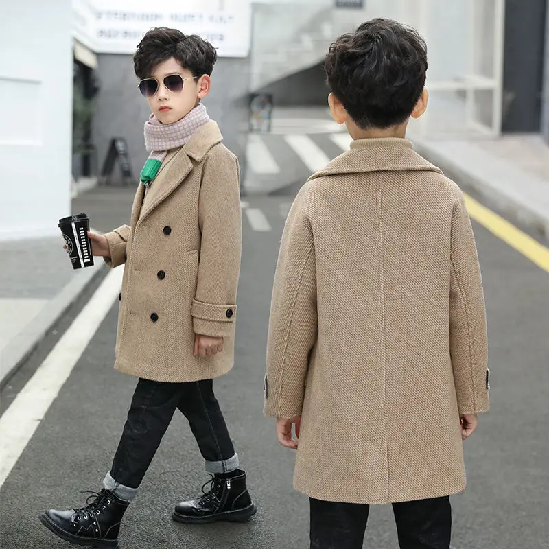 

Boys Woolen Coat Autumn Fashion Winter Teenager Cashmere Outerwear 4-14 Year Boy Long Thick Jacket Children's Winter Wool Blends