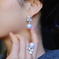 luxury 3 petals flower pearl earrings and rings for women elegant wedding party jewelry set
