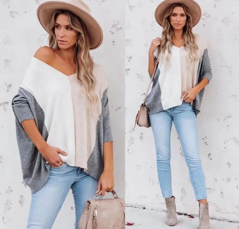 

2020 Euramerican Women Knitted Sweater V Neck Pullover Off Shoulder Loose Sweaters Long Sleeve Jumper Warm Tops Female Sweaters