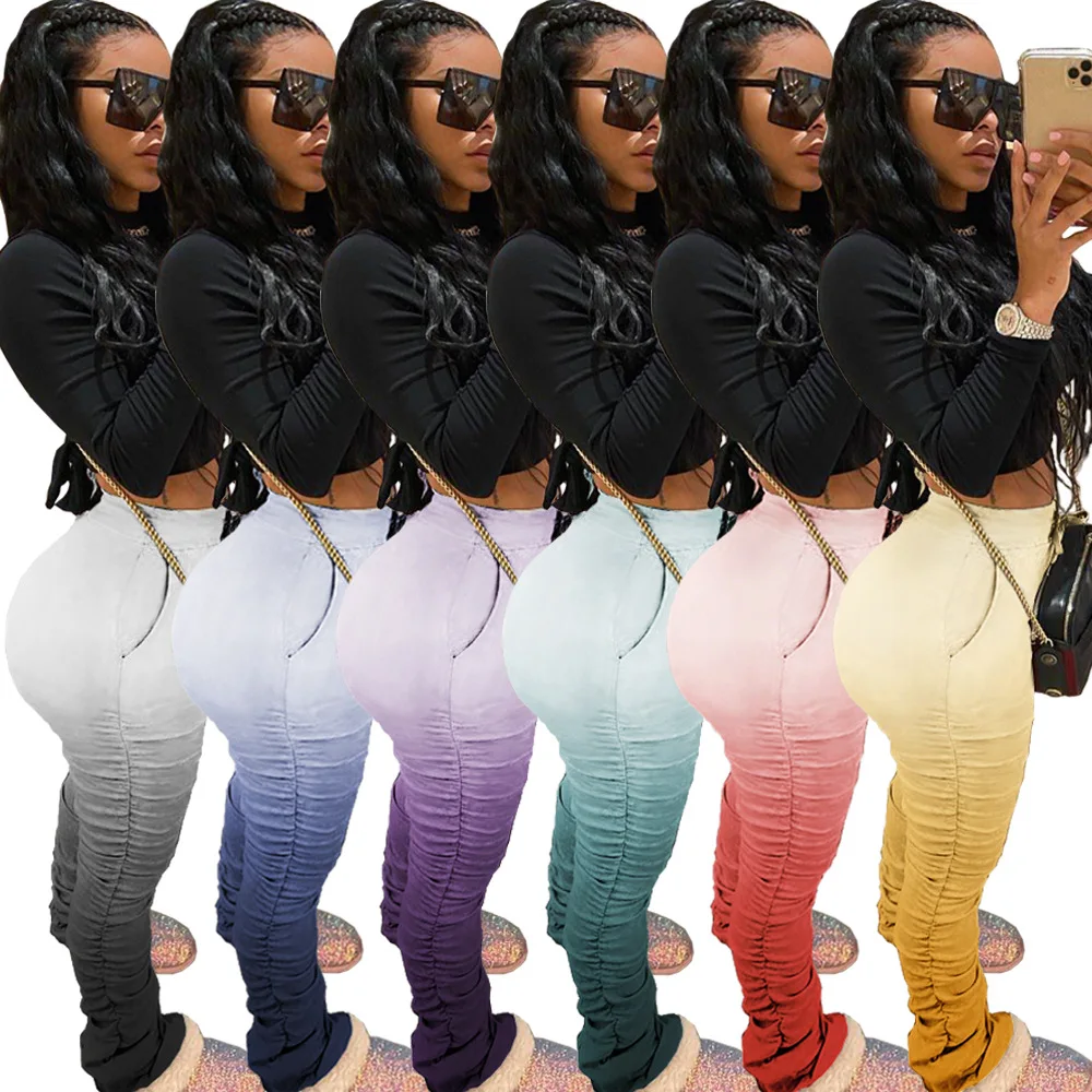 Женские плиссированные брюки градиентного цвета длинные расклешенные для бега 6