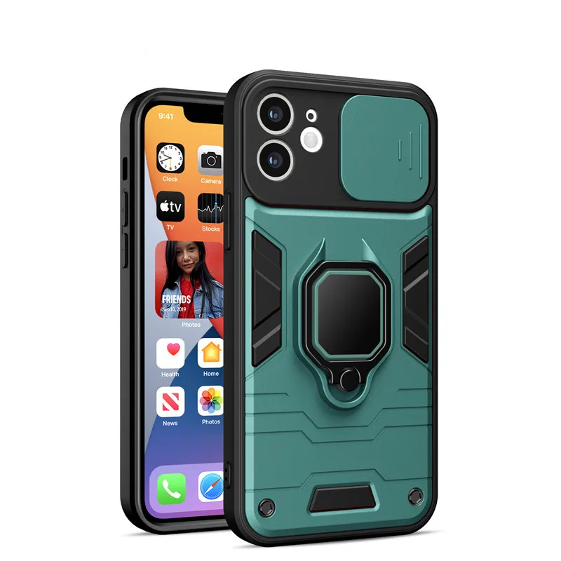 

Shockproof Rugged Armor Phone Case For iPhone 11 12 Pro Max XR XS Max X 7 8 Plus 11 Push Pull Ring Bracket Protection PC Cover