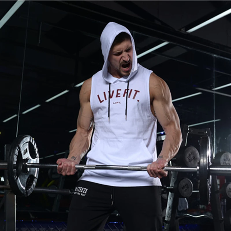 Брендовая мужская майка с капюшоном для фитнеса футболка без рукавов