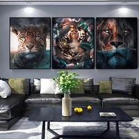 lion and tiger creative animal and plant leaf mural poster family childrens room bedroom wall decoration canvas art no frame