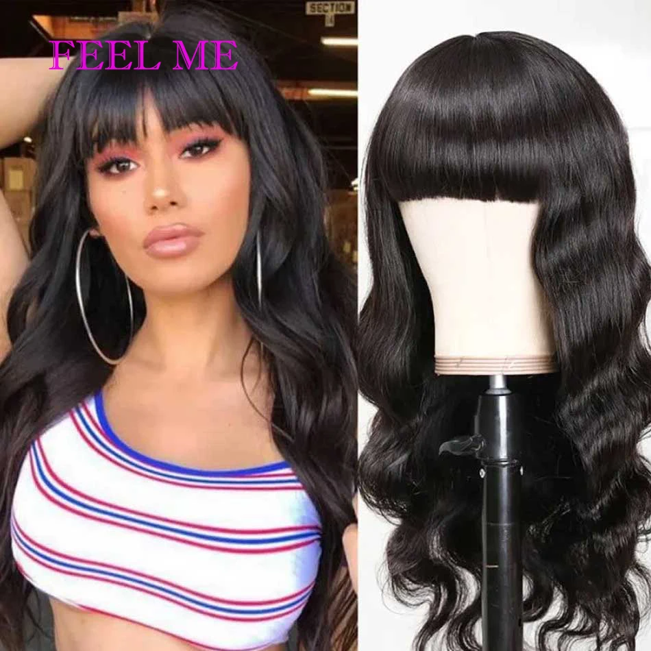 Enlarge FEELME Human Hair Wigs With Bangs For Black Women Natural Hair Wigs Brazilian Body Wave Hair Wigs With Bangs Remy Fringe Wigs