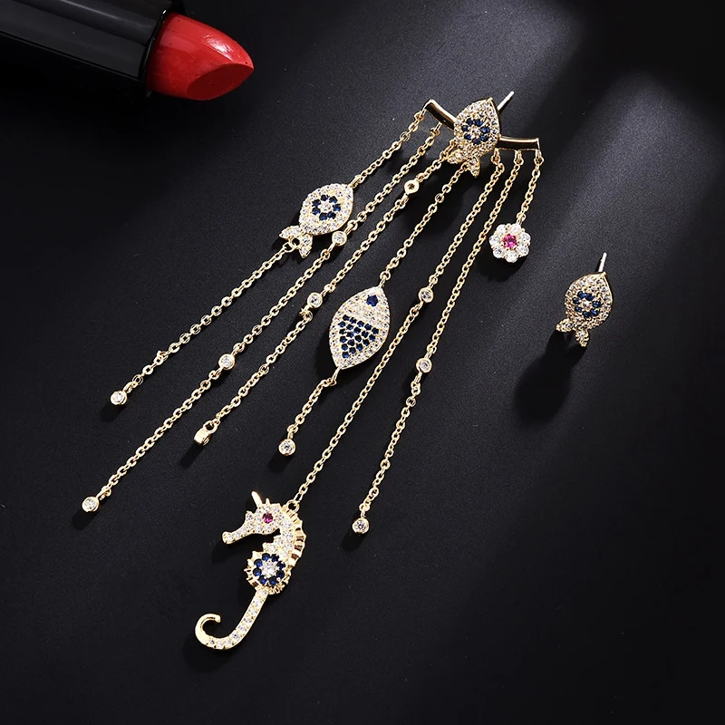 Асимметричные Длинные серьги с кисточками в виде рыбки морской лошади морские