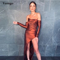 verngo 2021 bright satin asymmetric prom dresses strapless pleats side slit modern formal evening party gowns with gloves
