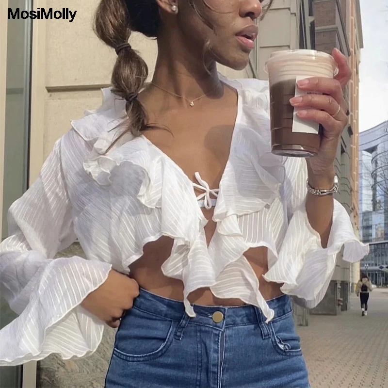 

MosiMolly 2021 рюшами прозрачные блузки рубашки топы Для женщин укороченные блузки пляжные блузки Sunprotect шифоновая блузка