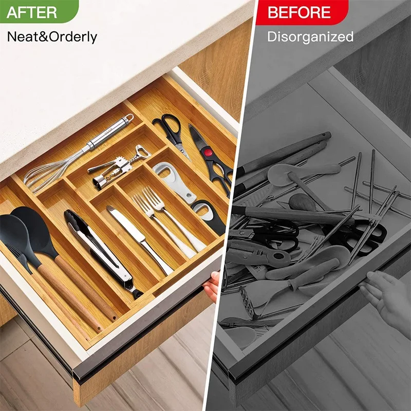 

Drawer Organizer, 100% Pure Bamboo Expandable Adjustable Cutlery Silverware Holder Kitchen Knives Tray Drawer Organizer